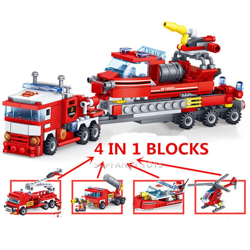 4Pcs/lot City Fire Fighting Trucks Helicopter Boat Building Blocks Firefighter LegoINGLs Bricks Playmobil Kids Educational Toys