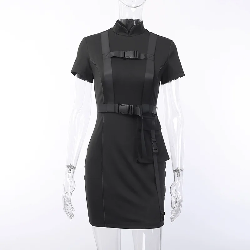 Облегающее винтажное готическое темное платье для женщин с пряжкой и ремнем, черное облегающее платье для женщин, гранж, тонкое сексуальное обтягивающее мини-платье - Цвет: black