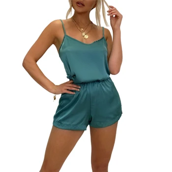 

2020 Fashion Trend 2 Pcs Women Solid Color Pajamas Sets Adjustable Spaghetti Straps V-neck Top Elastic Waist Shorts Lounge Wear