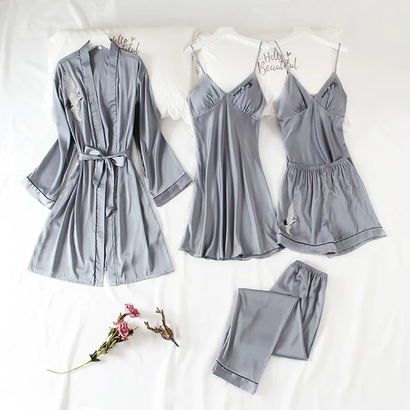 

Women 5PCS Pajamas Suit Embroidery Nightdress Satin Kimono Robe Gown Silky Bridal Wedding Gift Casual Bathrobe Home Clothes