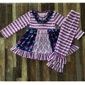 

boutique outfits Purple striped leaf flower long sleeves leggings pants striped girl clothes set