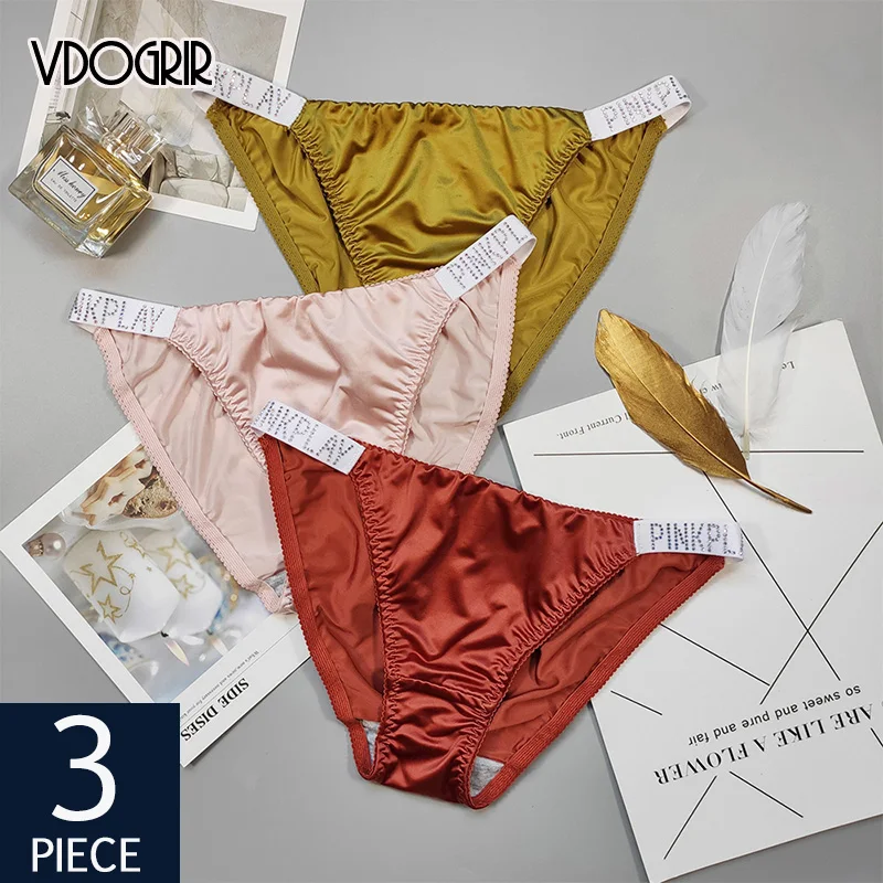 

VDOGRIR 3Pcs/lot PINK Letter Women Rhinestones Thin Belt Panties Sets Underwear Seamless Briefs Low Waist Comfort Lady Lingerie