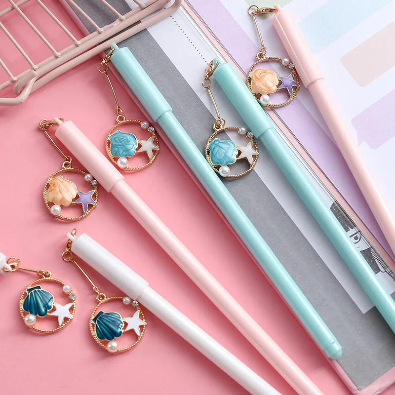 

10X Cute Shell Star Diamond Pearl Pendant Gel Pen Rollerball Pen Student Stationery School Office Supply 0.5mm Black Ink