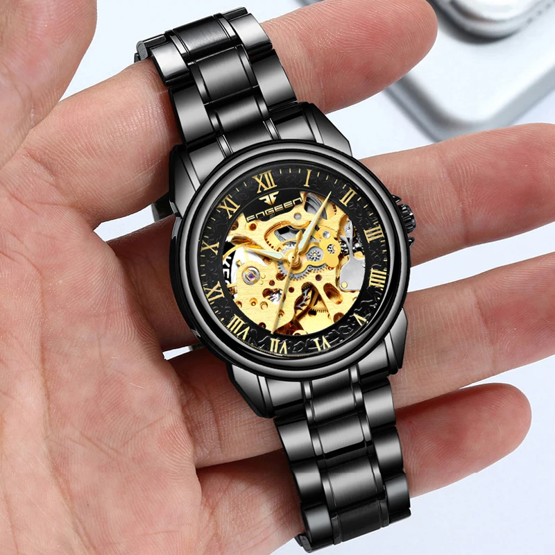 

FNGEEN Brand Skeleton Mechanical Watch for Men Stainless Steel Strap Waterproof Steampunk Fashion Mens Watches Relogio Masculino