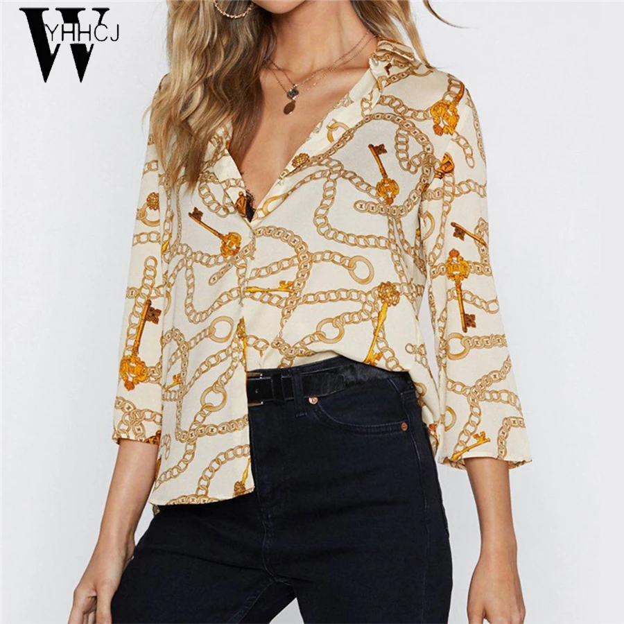 

Women Blouses Chain Print Summer Chiffon Blouse Turn Down Collar Office Shirts Loose Casual Tops Blusas Chemise femme Plus Size