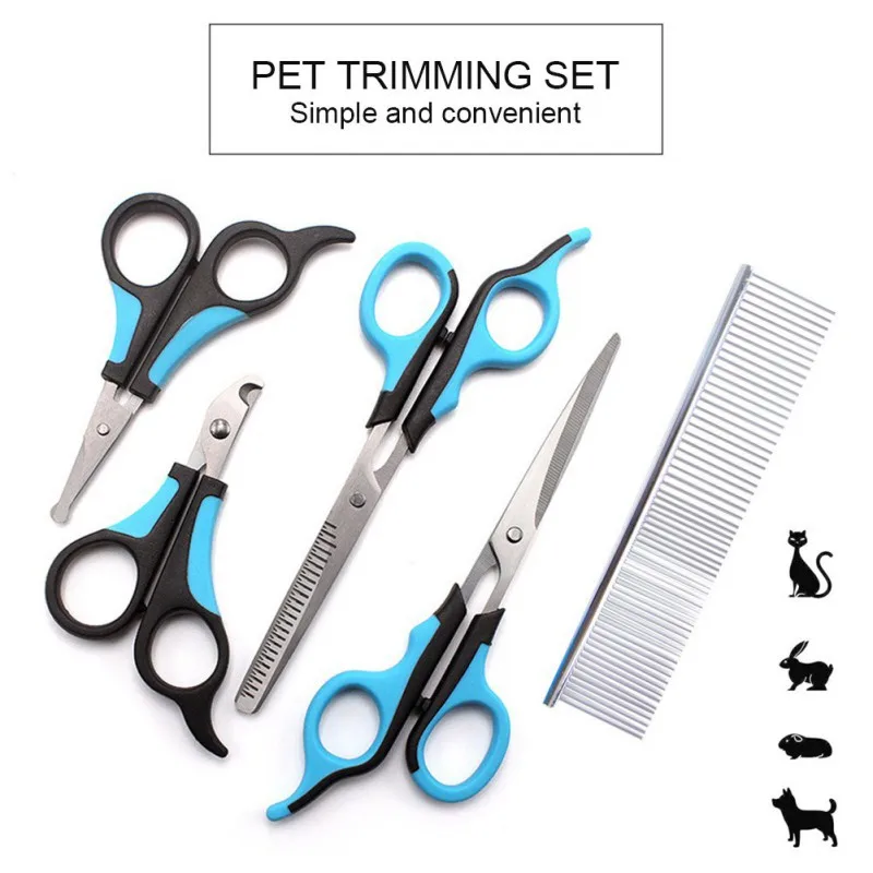

5Pcs Pet Gromming Set Curved Blade Scissors Cutting Hair Pet Dematting Comb Pet Trimming Set Comb Nail Clippers
