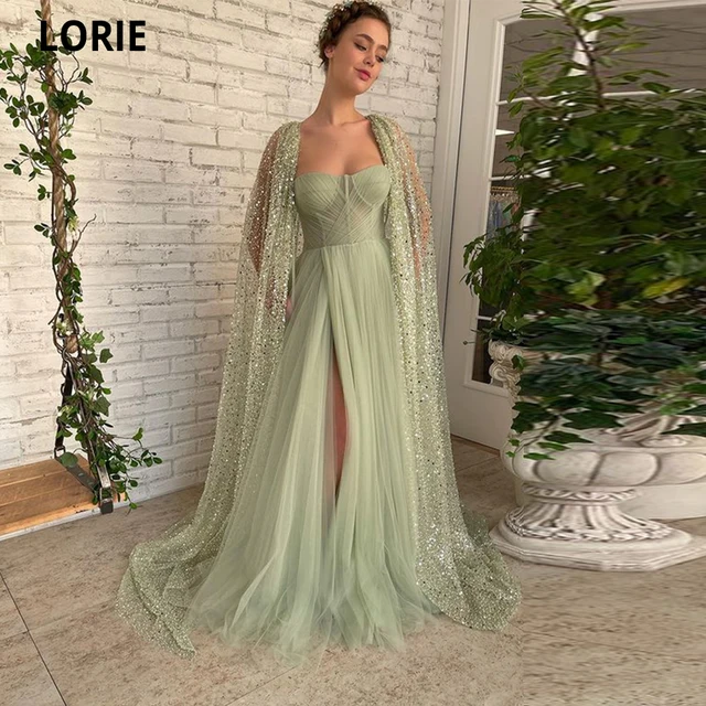 LORIE Green Tulle Evening Dresses 2022 Sparkly Glitter Jacket Prom Dresses Sweetheart Side Slit Party Gowns Robe De Soirée Femme green