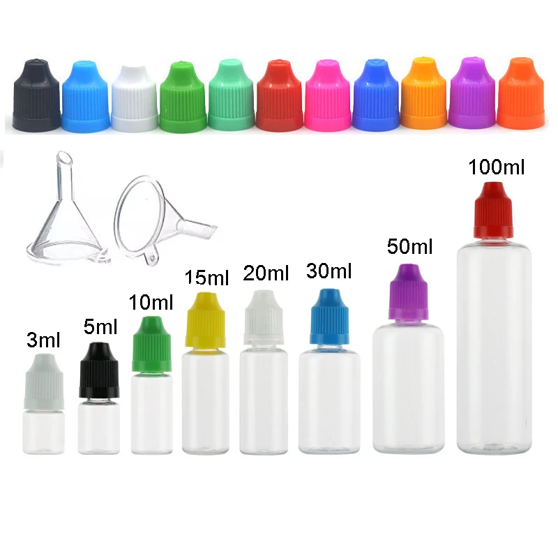 

100pcs Empty PET Plastic Dropper Vials 5ml 10ml 15ml 20ml 30ml 50ml 100ml Refillable Bottle For E Liquid Juice With Funnels