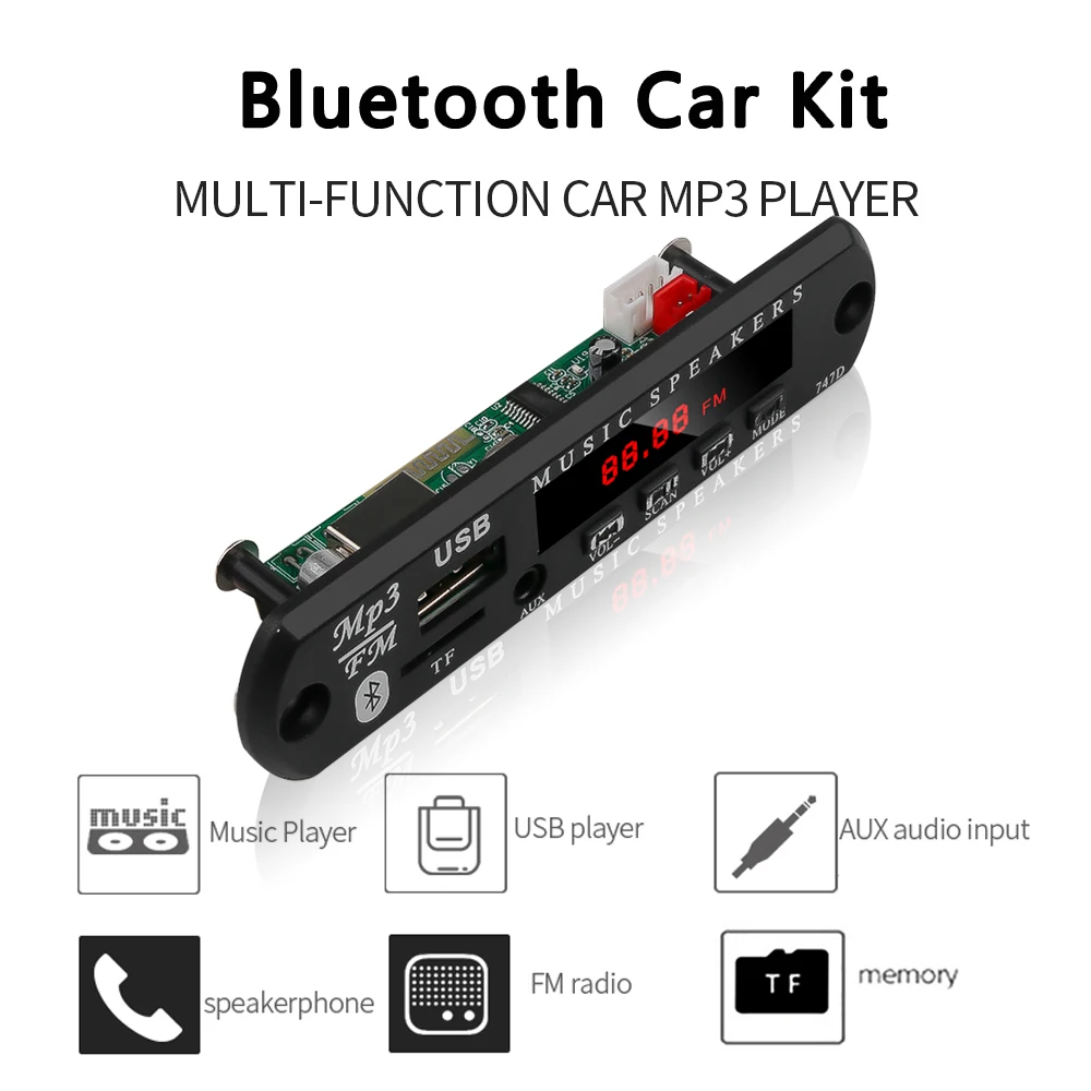 Kebidu Bluetooth автомобиля 5 V-12 V MP3 проигрыватель TF USB 3,5 мм с разъемом подачи внешнего сигнала AUX аудио декодер доска FM радио для автомобиля для Iphone и Android