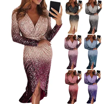 

New dresses long sleeve asymmetric Full-dress dinner party dress gradient sequins elegant formal dress women clothes