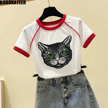 

White T shirt Women Kawaii Clothes Summer Short Sleeve Red Elastic Cotton Tshirt Women Tops Short Embroidery Cat Tee Shirt 2020