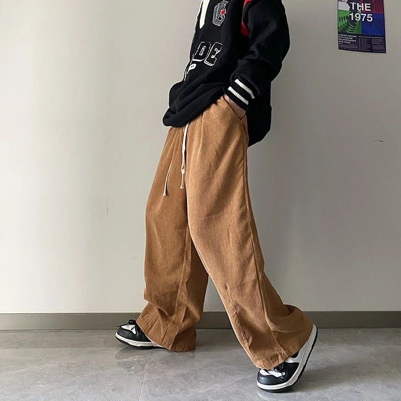 HOUZHOU negros de pana para hombre, ropa de calle japonesa, Hip Harajuku, con cordón recto, otoño|Pantalones informales| - AliExpress