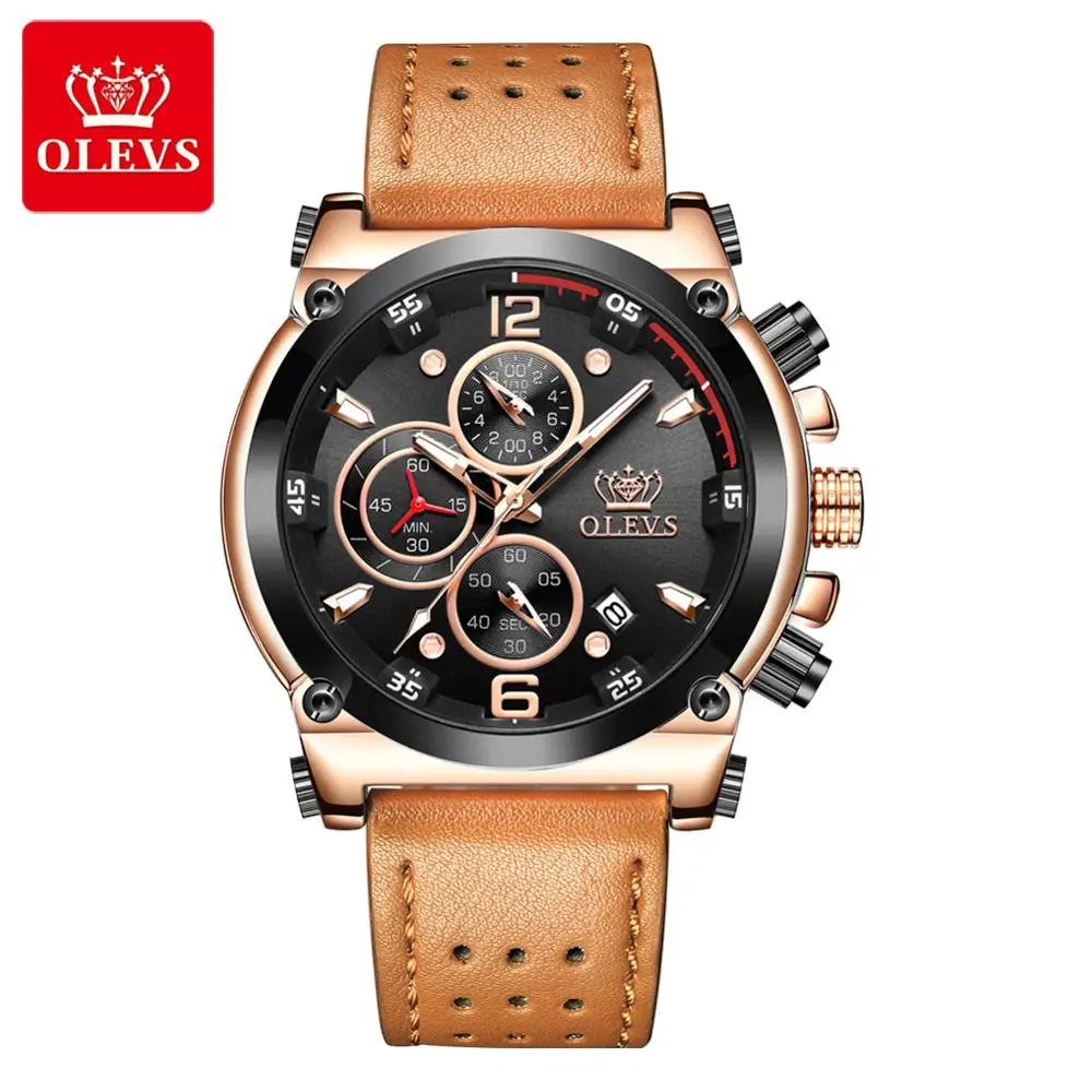 

OLEVS watch men's quartz watch waterproof luminous large dial multi-function 2020 new brand-name genuine leather racing watch