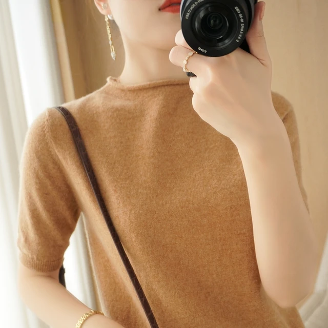 New women's cashmere sweater short sleeve Pullover short sleeve summer wool T-shirt short sleeve Golden Camel