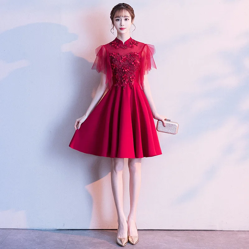Красная мини Пряжа юбка мода беременных короткие Cheongsam Современная невеста свадебное платье Qi Pao женское китайское свадебное платье Qipao акция - Цвет: Wine red regular sht