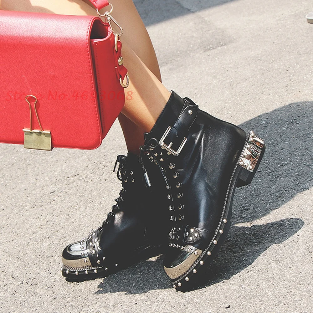 

Cross Tied Rivet Peep Toe Boots Women Buckle Lace Up Low Chunky Heels Genuine Leather Booties 2022 Round Toe British Style Shoes
