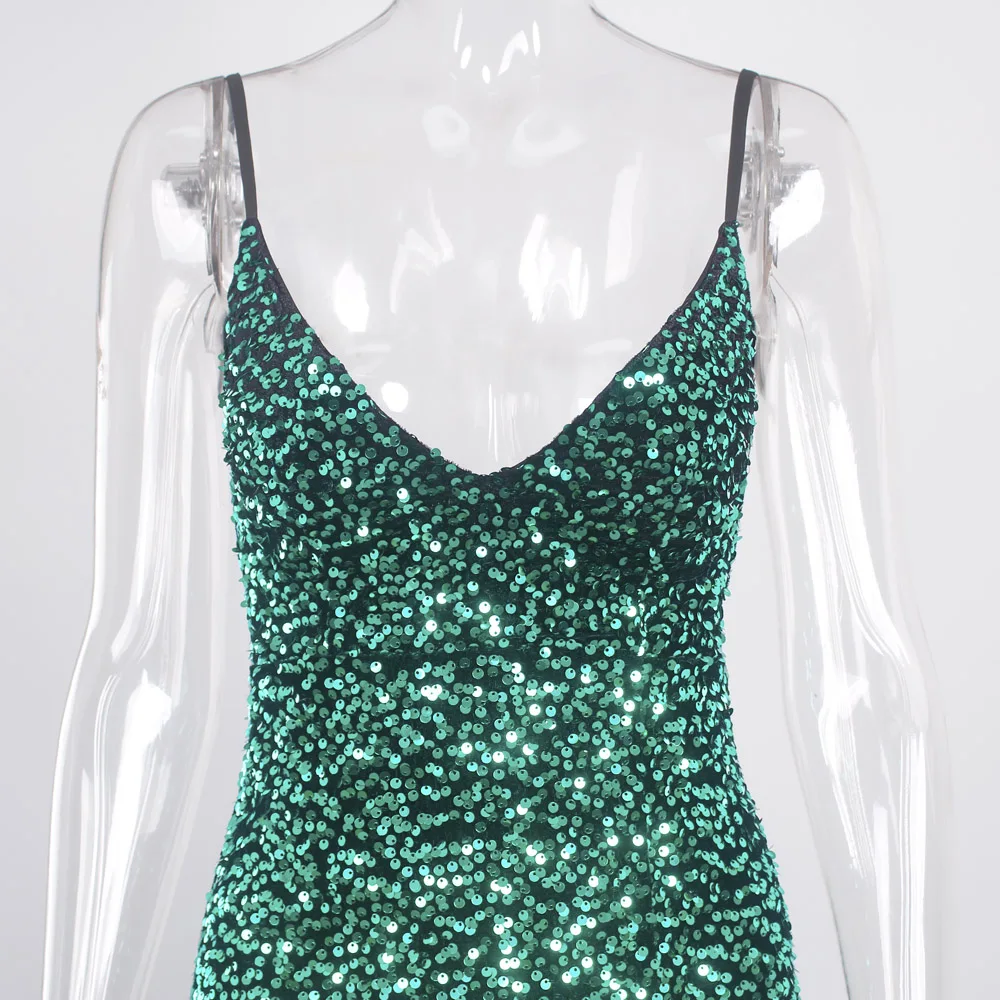 Shiny Green Deep V Neck Sequin Mermaid Maxi Dress Backless Stretch Split Front Sleeveless Open Back Evening Night Party Gown