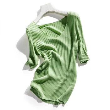

V Neck Summer Sweater Half Sleeve Rib Knitted Tops Women Basic Knitwear