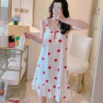 

Women Sleep Dress Home Wear Cartoon Printed Casual Loose Sleeveless Sleepwear Nightdress Dress Knee Length Korean Fashion New