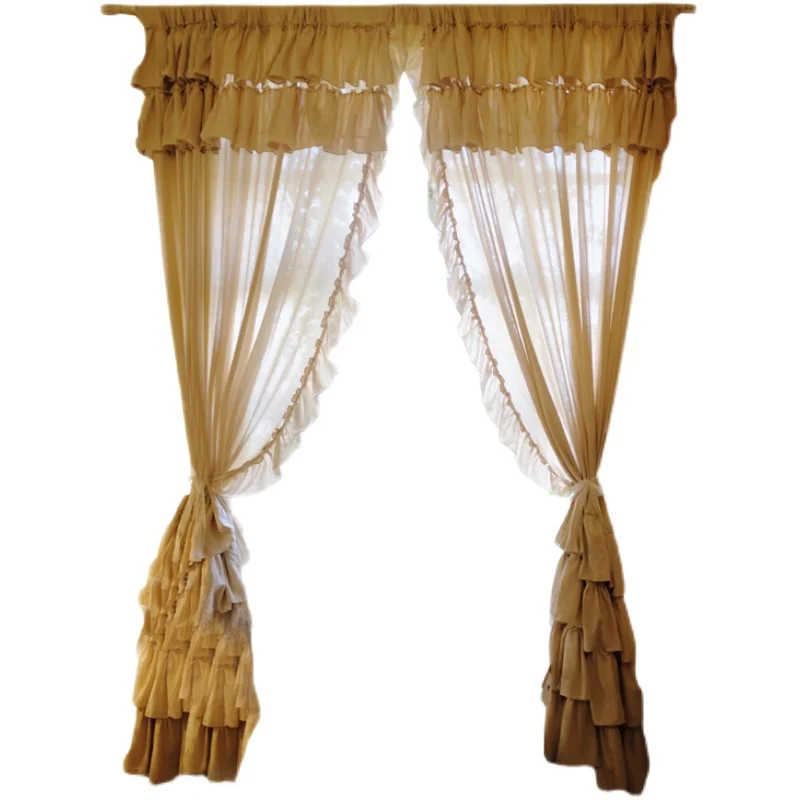 French Lolita Ruffles Blackout Curtains for Bedroom, Natural Cotton Linen Beige Cortinas,Romantic Layers Kitchen Short Curtains 6