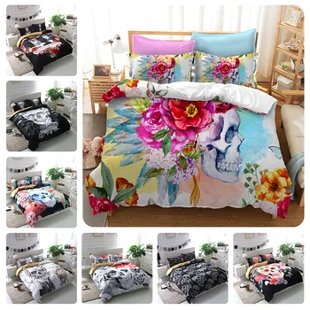 

3D Flower Skull Bedding Set Cotton Blend Duvet Cover Set Doble/Queen/King Size Bedspread Ink Painting Skull Duvet Cover