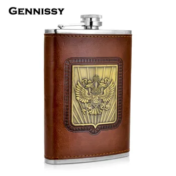 

GENNISSY Russia's Emblem Printed Whiskey Flask 9 oz Stainless Steel Brown Leather Packed Hip Flask Portable Drink Flasks Gift