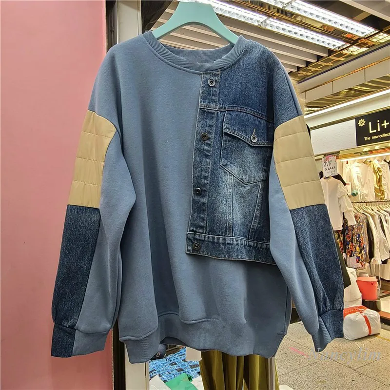 

Winter Pullovers Women 2020 Autumn and Winter New Round Neck All-Matching Casual Stitching Denim Hoodie Female Sweatshirt