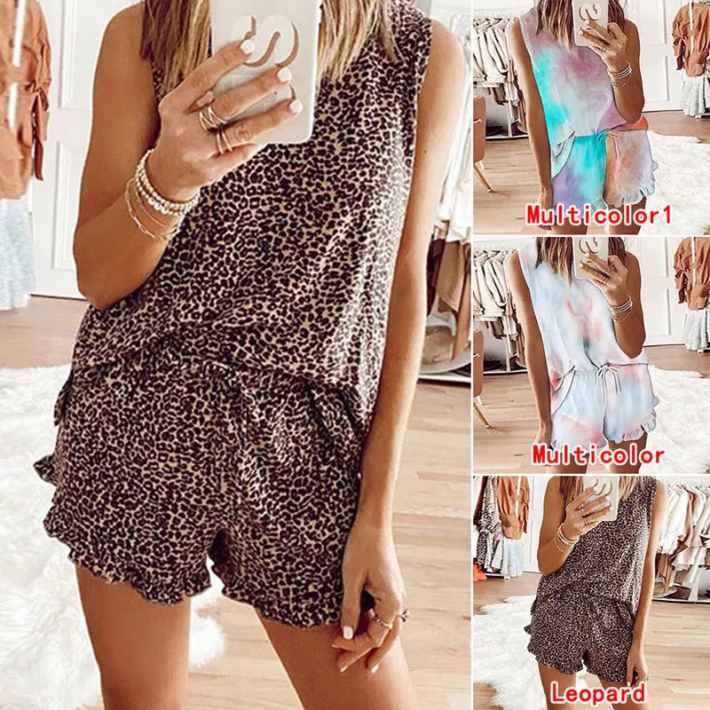 2020 New Womens Clothes Set Sleeveless T Shirt + Short Leopard Summer  Womens Printed Tie-Dye Clothing Set