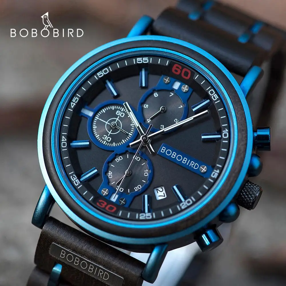 reloj hombre BOBO BIRD New Wooden Watch Men Top Brand Luxury Chronograph Military Quartz