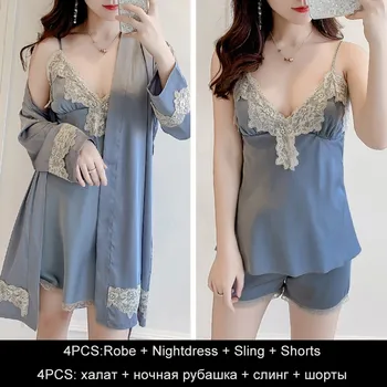 

Women Sexy Nighty&Robe Suit 4PCS Sleepwear Satin Silky Kimono Bathrobe Gown Intimate Lingerie Nightgown Lace Nightwear Homewear