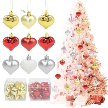 

12pcs/box Hanging Heart Shape Ornament Red Gold Silver Christmas Balls Ornament Decorations Plastic