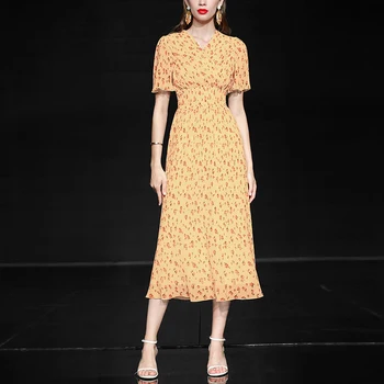 

Seifrmann Summer Fashion Runway Designer Dress Women Chiffon Floral Print Flare Sleeve Elastic waist Ruffle Female Midi Dresses