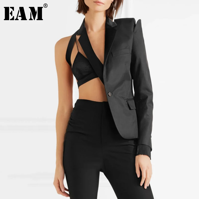 

[EAM] Loose Fit Black Bandage Hollow Out One Side Jacket New Lapel Long Sleeve Women Coat Fashion Tide Autumn Winter 2019 1A4470