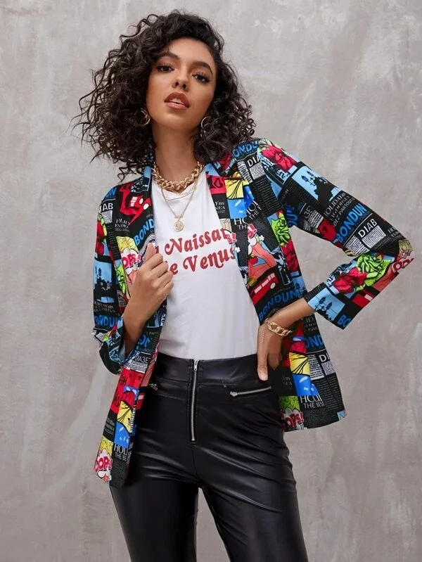 Women Newspaper Print Fashion Single Button Blazers Coat Vintage Long Sleeve High Street Female Outerwear Chic Tops Trendy