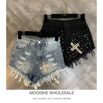 

Hole Burr Liuding Decorative Personality Street Denim Shorts 2019 Spring And Summer New Shorts