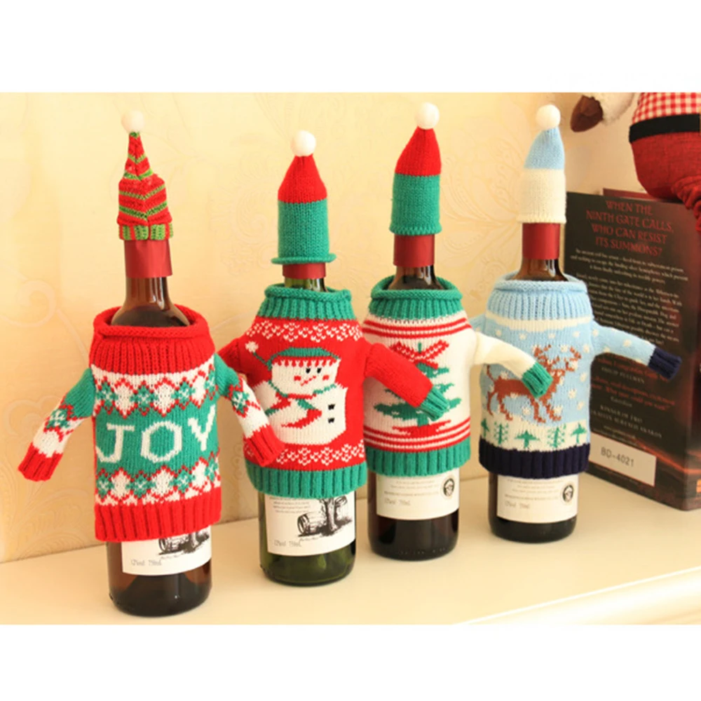 

4pcs/set Red Wine Beer Champagen Cover Knitting Wool Christmas Wine Bottle Cover Knitted Sweaters Home Festival Table Decoration