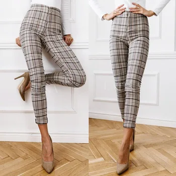 

Office Lady Elegant Pencil Pants Women Casual Plaid Zipper Fly High Waist Feet Pants Female Trousers pantalones mujer 2020 New