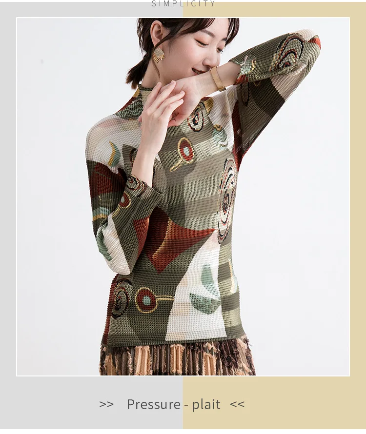 Горячая Miyake модная складывающаяся с длинным рукавом новая сексуальная картина печать водолазка футболка женская