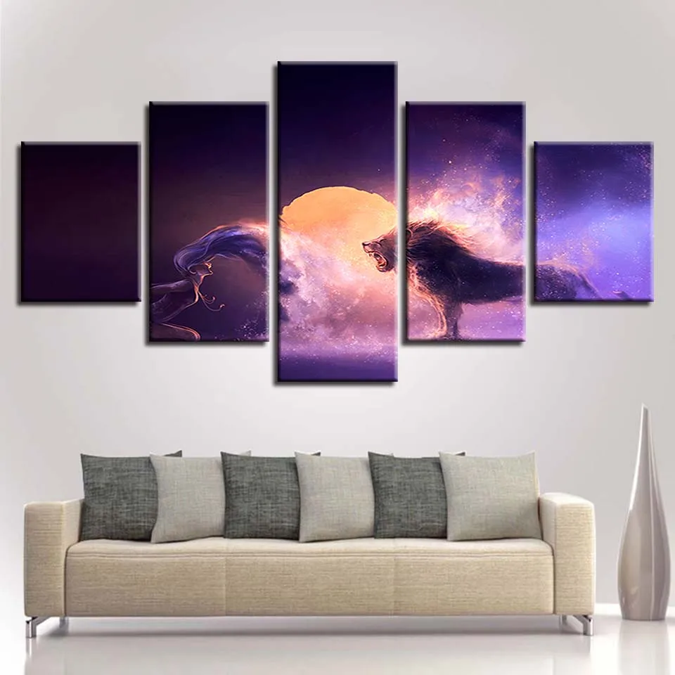 Декор стен комнаты художественные картины печатные 5 штук животные Лев и женщина