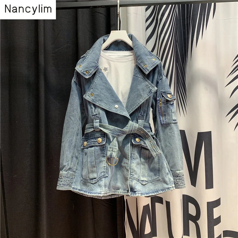 

European Trend Vintage Blue Denim Jacket with Belt Women Autumn Loose Bf Suit Collar Temperament Button Jackets Streetwear Pop
