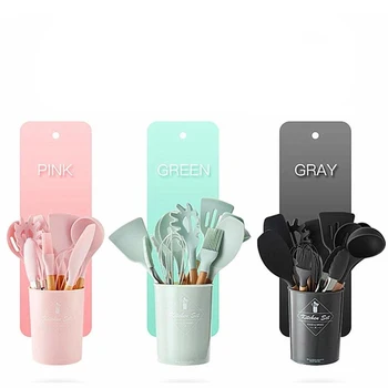 

Silicone Kitchen Utensils Set 11-Pcs Wooden Cooking Utensils with Holder Spatula Ladle Spoons Shovel Non-stick Cooking Tools Set