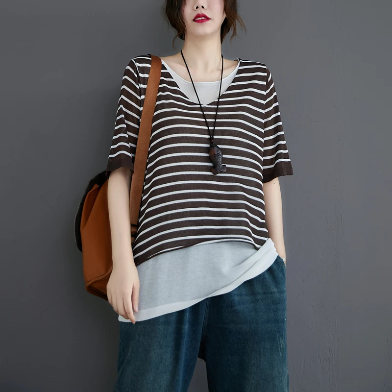 

Retro literature and art summer new fake two-piece jacket women's ice silk cotton and linen thin five-point sleeve T-shirt women