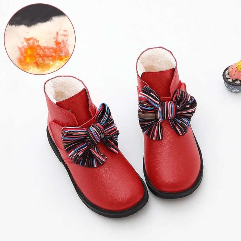 Обувь для девочек сапоги "Принцесса" кожаная обувь Новинка зимы плюс бархат детские, для малышей, хлопковые сапоги модная обувь с бантом обувь для девочек ботинки черный, красный