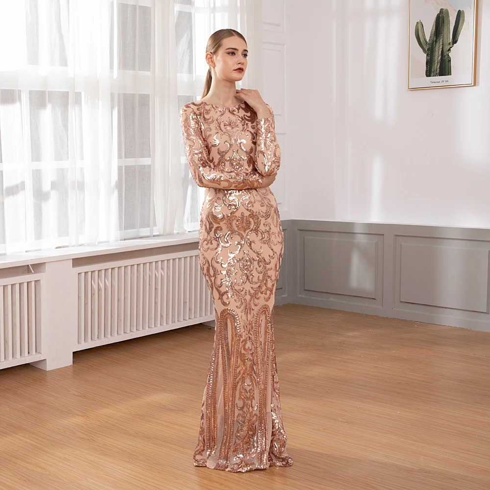 

Sexy Elegant Gold Sequined Bodycon Maxi Dress Retro Party Dresses O Neck Full Sleeved Floor Length Dresses