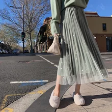 Юбка Женский на осень и зиму, новая длинная юбка из сетчатой ткани в Корейском стиле; обувь в стиле ретро золото бархат плиссированная Платье с принтом из слов