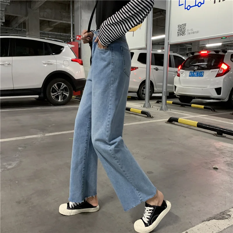 Loose Fashion Woman Jeans Autumn Bleached Casual Boyfriend Curl Denim Wide Leg Pants Oversize High Waist Jean