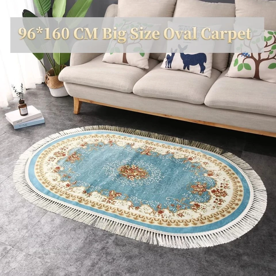 

Blue Velvet Living Room Rug Soft Anti-slip Euro Retro Tassel Flora Carpet Home Oval Large Rugs For Sofa Mat In The Bedroom
