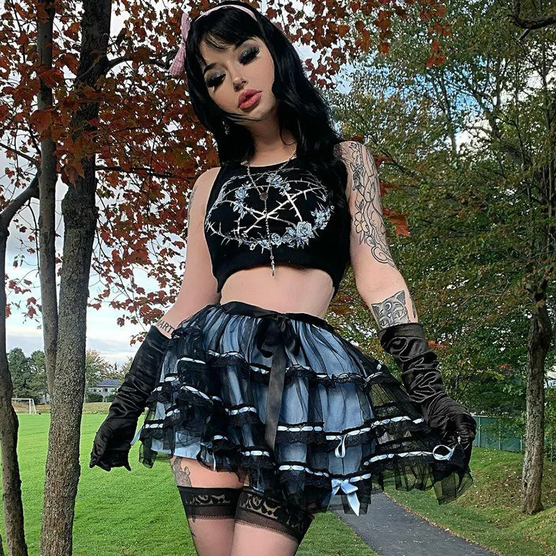 Goth Dark Gothic Knitted Punk Black Tank Tops Mall Goth Grunge Goat Print Harajuku Women Crop Tops Skinny Sleeveless Streetwear