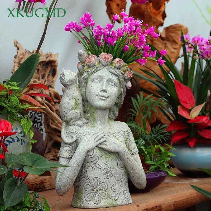 

Rose Boy Girl Resin Flower Pot Kitty Bird Sculpture Artwork Desktop Decoration Home Storage Container Garden Potted Decoration