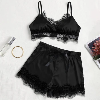 

Teddy Women Sexy Lingerie Set Lace Trim Satin Cami Top & Shorts Bra Set Lace V Neck Sleeveless Strap Halter Open Underwear Set